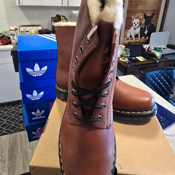 Dr Martens 1460 Serena Fur Lined DMS Saddle Tan Leather Combat Boots Mens SZ 10 - Picture 2 of 9